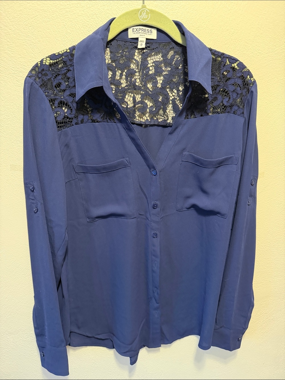 Express Navy Lace-Yoke Button Down Blouse